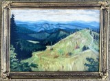 Toader Schipor 1972 Tablou Peisaj Bucovinean Pe drumuri de Munte, pictură ulei &icirc;nrămata 35x47 cm