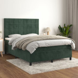 VidaXL Pat box spring cu saltea, verde &icirc;nchis, 140x190 cm, catifea