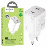 Incarcator Retea Fast Charge Hoco, 2 X USB-C, 45W, Alb, Compatibil cu Samsung, Iphone 15/16, Google Pixel,