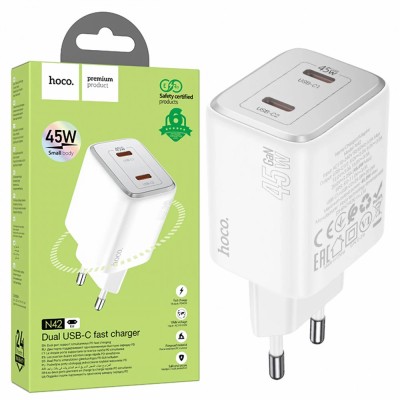 Incarcator Retea Fast Charge Hoco, 2 X USB-C, 45W, Alb, Compatibil cu Samsung, Iphone 15/16, Google Pixel, foto