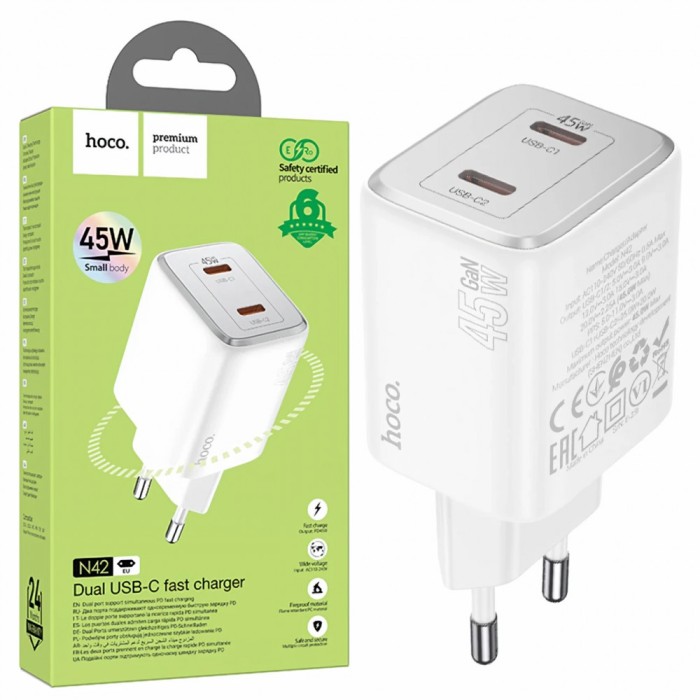 Incarcator Retea Fast Charge Hoco, 2 X USB-C, 45W, Alb, Compatibil cu Samsung, Iphone 15/16, Google Pixel,