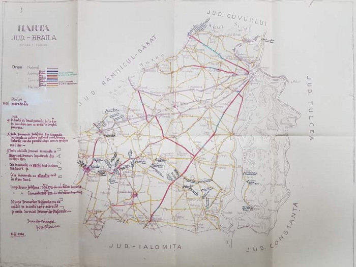 HARTA JUDETULUI BRAILA , SCARA 1 / 200.000 , DESENATOR PRINCIPAL ION CHIRIAC , POLICROMA , 1941