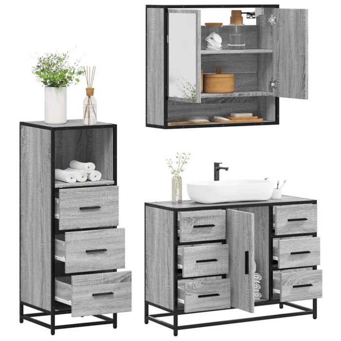 vidaXL Set mobilier de baie, 3 piese, gri sonoma, lemn prelucrat 3301053