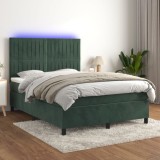 vidaXL Pat cu arcuri, saltea și LED, verde &icirc;nchis, 140x190 cm, catifea