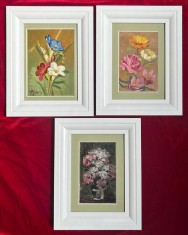 SET 3 Tablouri Miniaturale Toader Schipor Natura Statică cu Flori, Pictura &icirc;n ulei, inramate 19x24cm