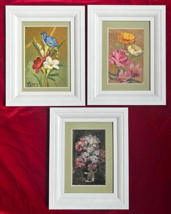 SET 3 Tablouri Miniaturale Toader Schipor Natura Statică cu Flori, Pictura &icirc;n ulei, inramate 19x24cm