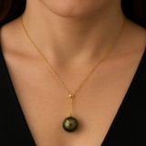 Colier Aur 18k cu Perla Tahiti Veritabila 9.3mm AAA Rotunda Eggplant/Dark Green. Lant Aur Galben 42-45cm. Garantie 24 Luni
