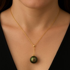 Colier Aur 18k cu Perla de Tahiti Veritabila, Rotunda, 9.3mm, calitate AAA