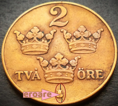 Moneda istorica 2 ORE - SUEDIA, anul 1927 *cod 5261 A = EROARE MATRITA foto