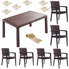 Set mobila curte,terasa INGLESA masa CLASSI RATAN 90x150x75cm 6 scaune PARIS RATTAN polipropilen/fibra sticla culoare cafea,6 perne scaun,Traversa PAN foto