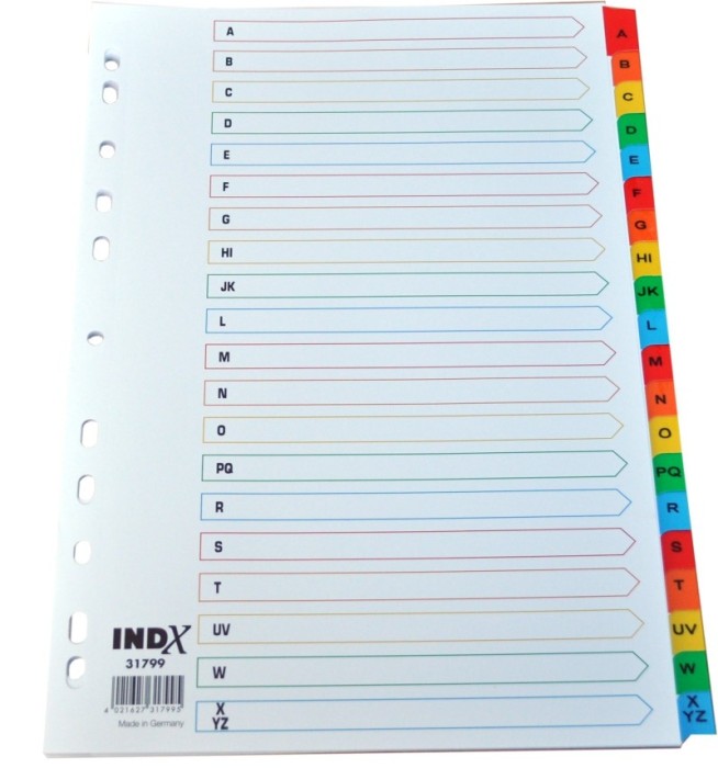 Index carton alb Mylar alfabetic A-Z, margine PP color, A4, 190g/mp, Optima