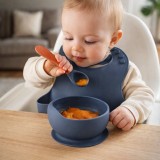 Cumpara ieftin Set din silicon cu bol bavetica si lingurita pentru bebe - Bleumarine
