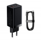 GaN 2x &icirc;ncărcător de rețea GaN 2x USB-C/USB 65W PD QC4.0+ AFC negru + cablu USB-C 1m Baseus