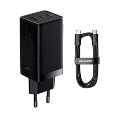 GaN 2x încărcător de rețea GaN 2x USB-C/USB 65W PD QC4.0+ AFC negru + cablu USB-C 1m Baseus