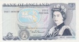 Bancnotă Anglia 5 Pounds Bank of England, Regina Elisabeta II, Wellington, Sommers