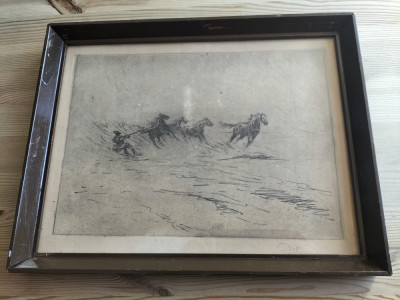 Prinderea cailor sălbatici, gravură veche semnată indescifrabil foto