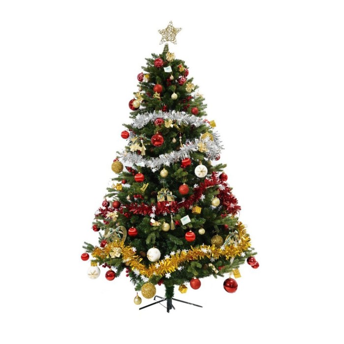 Set brad artificial de craciun decorat cu conuri pin rosii si elemente decorative, 1172 ramuri, verde