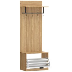 HOMCOM Cuier de Hol cu Pantofar Rabatabil, Cuier cu Bancă, 4 C&acirc;rlige și Rafturi pentru Pantofi, Organizator Modern pentru Hol și Coridor, Stejar și Al