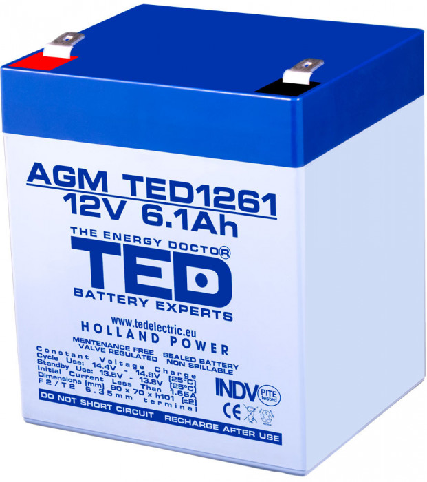 Acumulator AGM VRLA 12V 6.1Ah plumb acid 90x70x98 mm F2 terminal TED Battery Expert Holland