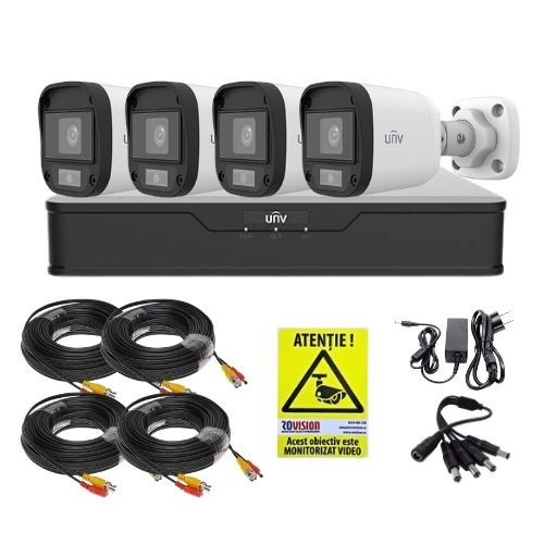 Kit supraveghere 4 mini camere Uniview, 5MP, ColorHunter, 5MP 2K+, Lumina Alba 20m, Vedere color pe timp de noapte, DVR 4 canale, Accesorii montaj, Vi