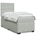Gossi pat box spring cu saltea, gri deschis, 90x200 cm, catifea