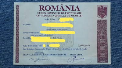 975000 Lei Cupon nominativ de privatizare / Romania foto