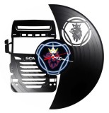 Ceas de perete decorativ realizat din disc de vinil, Model Camion Scania, Grifonul Incoronat si Sigla Scania, Negru Premium, 30 cm