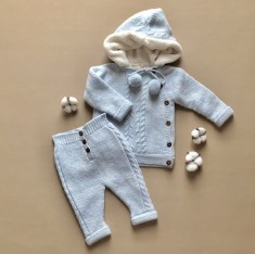 Compleu din Lana Tricotata, Jacheta Imblanita cu Gluga si Pantaloni, pentru bebelusi, Albastru, 0-3 luni Albastru, 62, Albastru, 0-3 luni, Baie?i foto