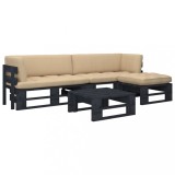 Set mobilier paleți cu perne, 4 piese, negru, lemn pin tratat