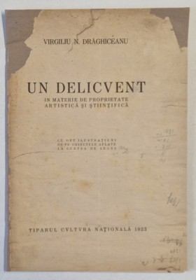 UN DELICVENT IN MATERIE DE PROPRIETATE ARTISTICA SI STIINTIFICA de VIRGILIU N. DRAGHICEANU , 1923, COPERTA REFACUTA foto