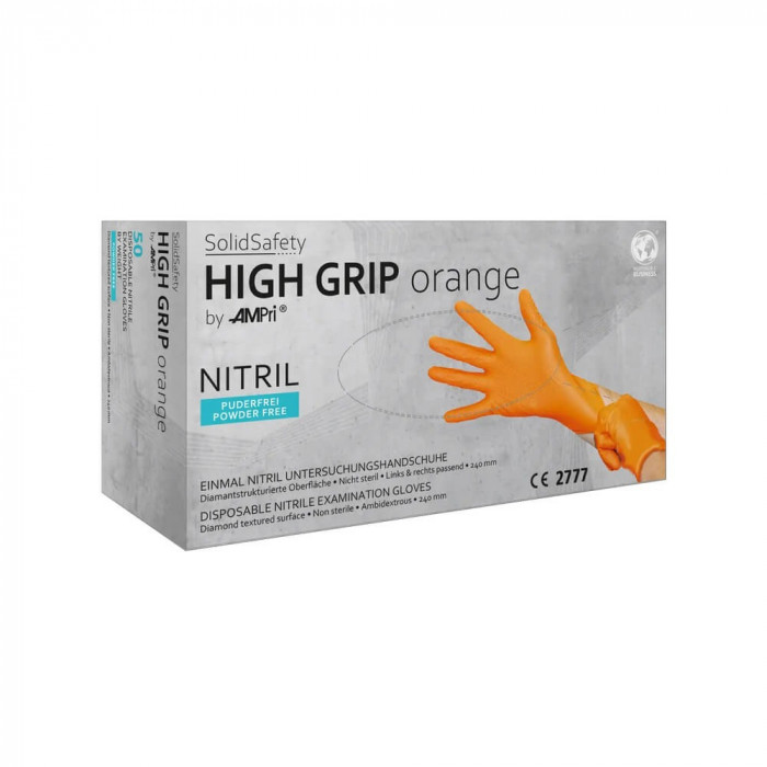 Manusi Nitril Texturate AMPri Solid Safety High Grip Orange, Portocaliu, S, 50 buc