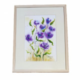 E161. Tablou Flori albastre de munte 2021 acuarela pe hartie, inramat, 42x32 cm, Art Deco, RavariuArt
