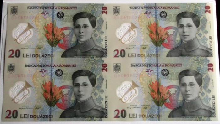 Romania coala 4 X 20 lei 2021 (2025) polimer cu certificat de autenticitate si plic BNR UNC necirculate **