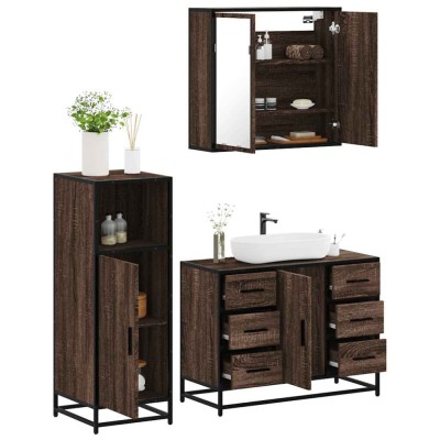 Set mobilier de baie, 3 piese, stejar maro, lemn prelucrat foto