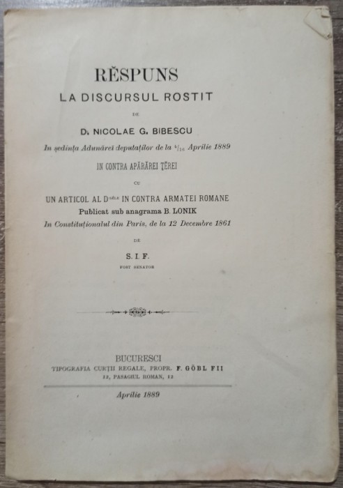 Respuns la discursul rostit de D. Nicolae G. Bibescu// 1889