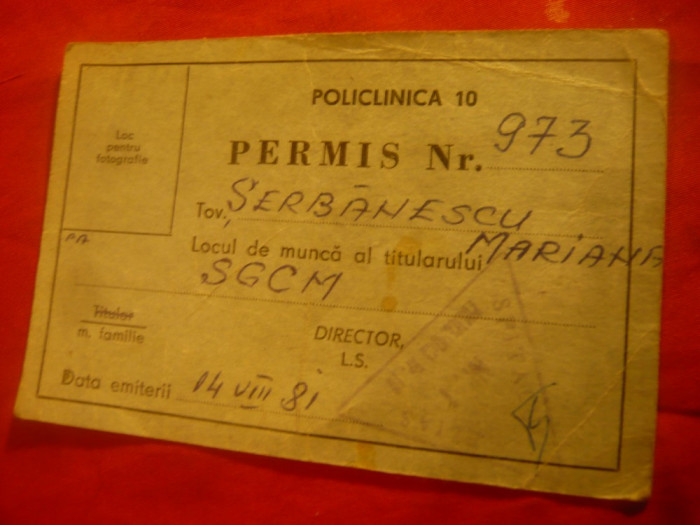 Permis pentru Policlinica 10 Bucuresti - 1981