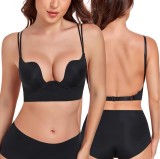 Cumpara ieftin Sutien cu decolteu adanc, Lemorosy Backless L02, push-up cu armatura, spate gol, bretele multifuncționale pentru rochii elegante, marime 75B, Negru