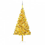 Set brad de Crăciun artificial cu LED&amp;globuri auriu 210 cm, PET