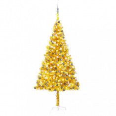 Set brad de Crăciun artificial cu LED&globuri auriu 210 cm, PET