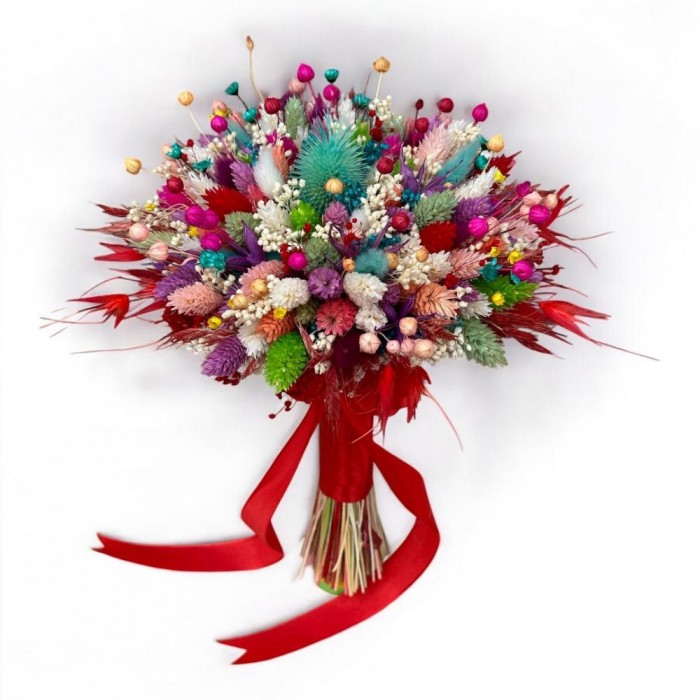 Buchet cu mix de flori naturale uscate, multicolor, ideal pentru nasa, cununie civila sau cadou