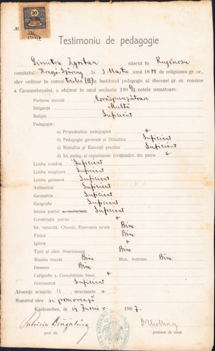HST A1303 Testimoniu pedagogic 1907 semnat Patriciu Dragalina și Ilie Minea