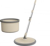 Set mop rotativ cu doua rezerve si auto spalare Dreamramp, culoare bej, rotunda, compartimente pentru apa curata si murdara, robinet de scurgere a ape