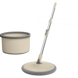 Set mop rotativ cu doua rezerve si auto spalare Dreamramp, culoare bej, rotunda, compartimente pentru apa curata si murdara, robinet de scurgere a ape