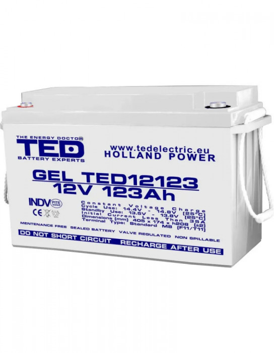 Acumulator 12V, TED Electric, GEL Deep Cycle Solar, Dimensiuni 405 x 173 x 220 mm, Baterie 12V 123Ah