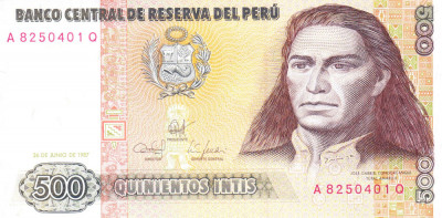 Bancnota Peru 500 Intis 1987 - P134b UNC foto