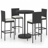 Set mobilier bar de grădină cu perne, 5 piese, negru, poliratan, vidaXL