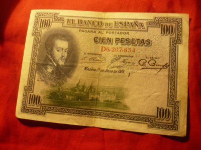 Bancnota 100 pesetas Spania 1925 , litera D ,cal. VF foto