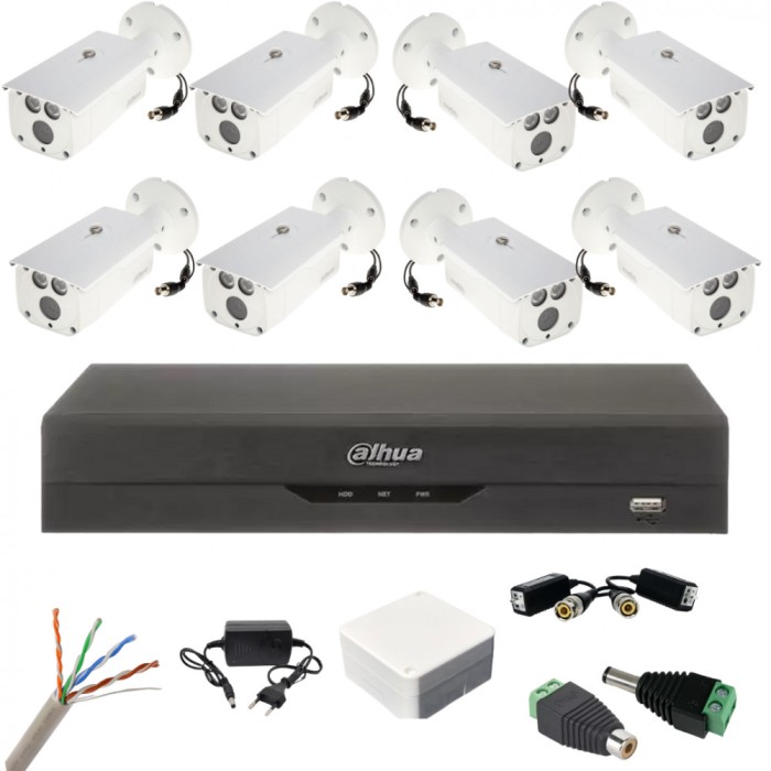 Sistem complet de supraveghere 8 camere exterior Dahua 2MP IR 80m, DVR 8 canale, accesorii montaj SafetyGuard Surveillance