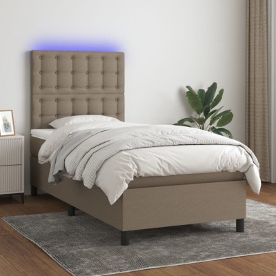 vidaXL Pat cu arcuri, saltea și LED, gri taupe, 90x190 cm, textil 3135161 foto