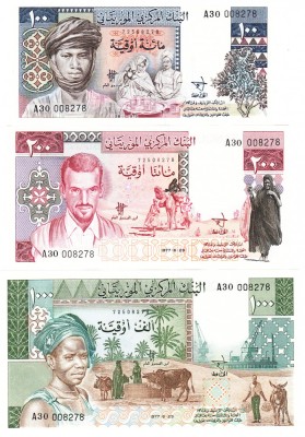Mauritania Set 100,200,1000 Ouguiya 1975-77 P-3A,3B,3C Emis 2024 UNC foto